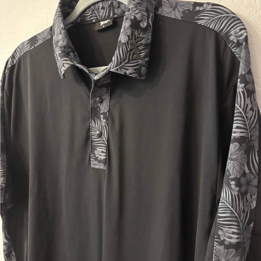 PXG Men's Black and Gray Tropical print trimmed golf Polo